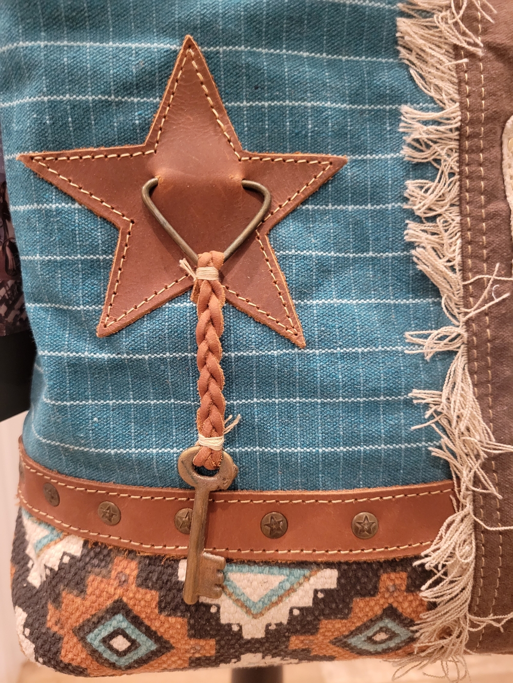 Myra Bag Blue and Brown Patchwork Crossbody Bag - Picture 3 of 7